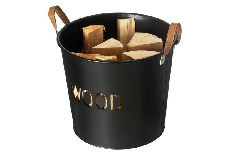 Tr&aelig; Br&aelig;ndespand med h&aring;ndtag, sort metal