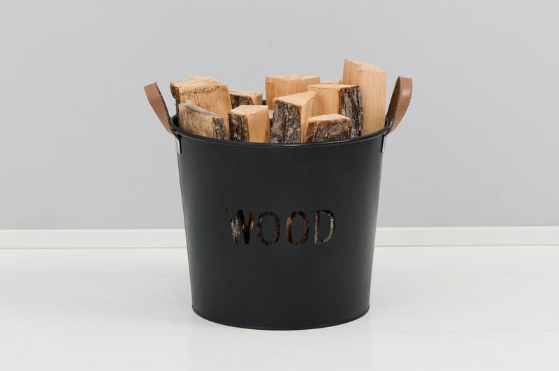 Tr&aelig; Br&aelig;ndespand med h&aring;ndtag, sort metal